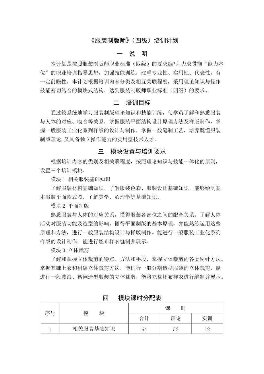 服装制版师(四级)培训计划_第1页