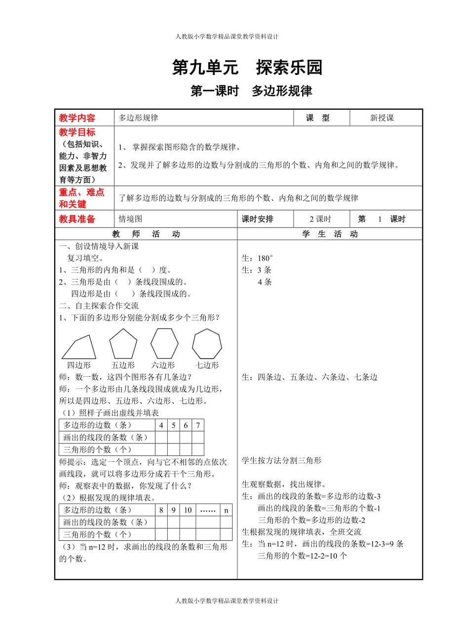 最新 精品冀教版数学四年级下册教案-第九单元探索乐园_第2页