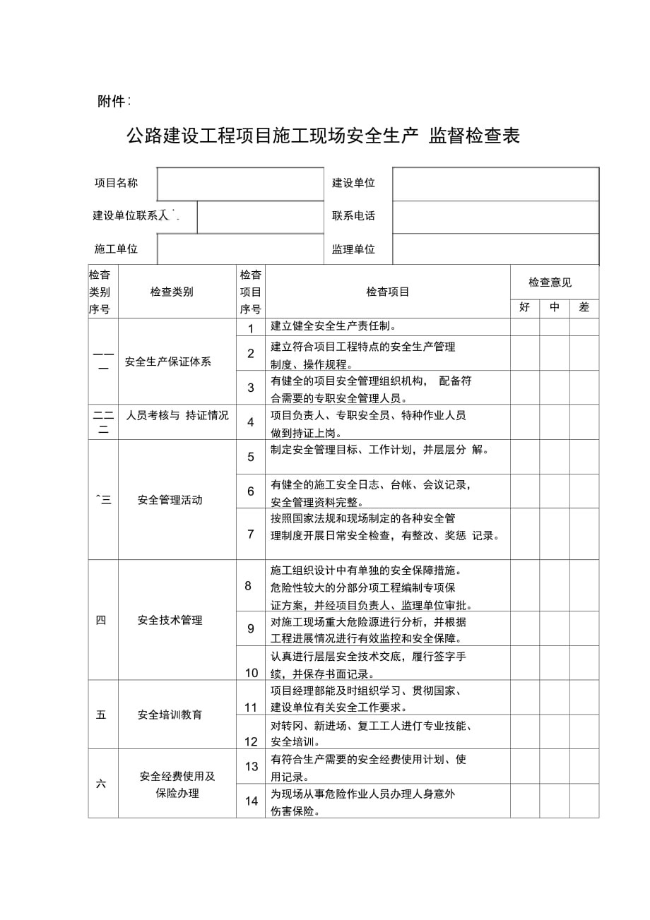 公路建设工程项目施工现场安全生产监督检查表_第1页