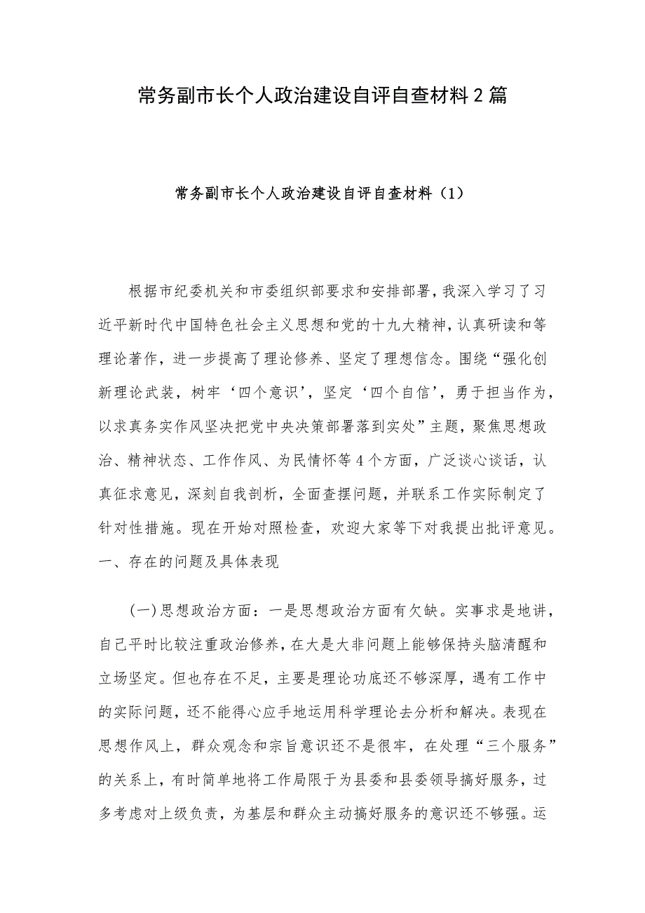 常务副市长个人政治建设自评自查材料2篇_第1页