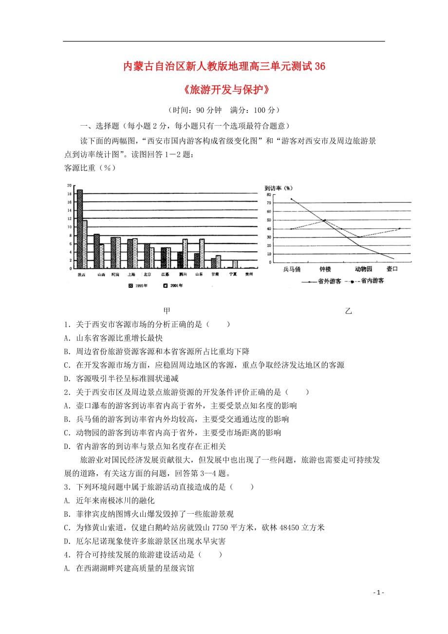 内蒙古高中地理 单元测试36《旅游开发与保护》新人教版选修3.doc_第1页