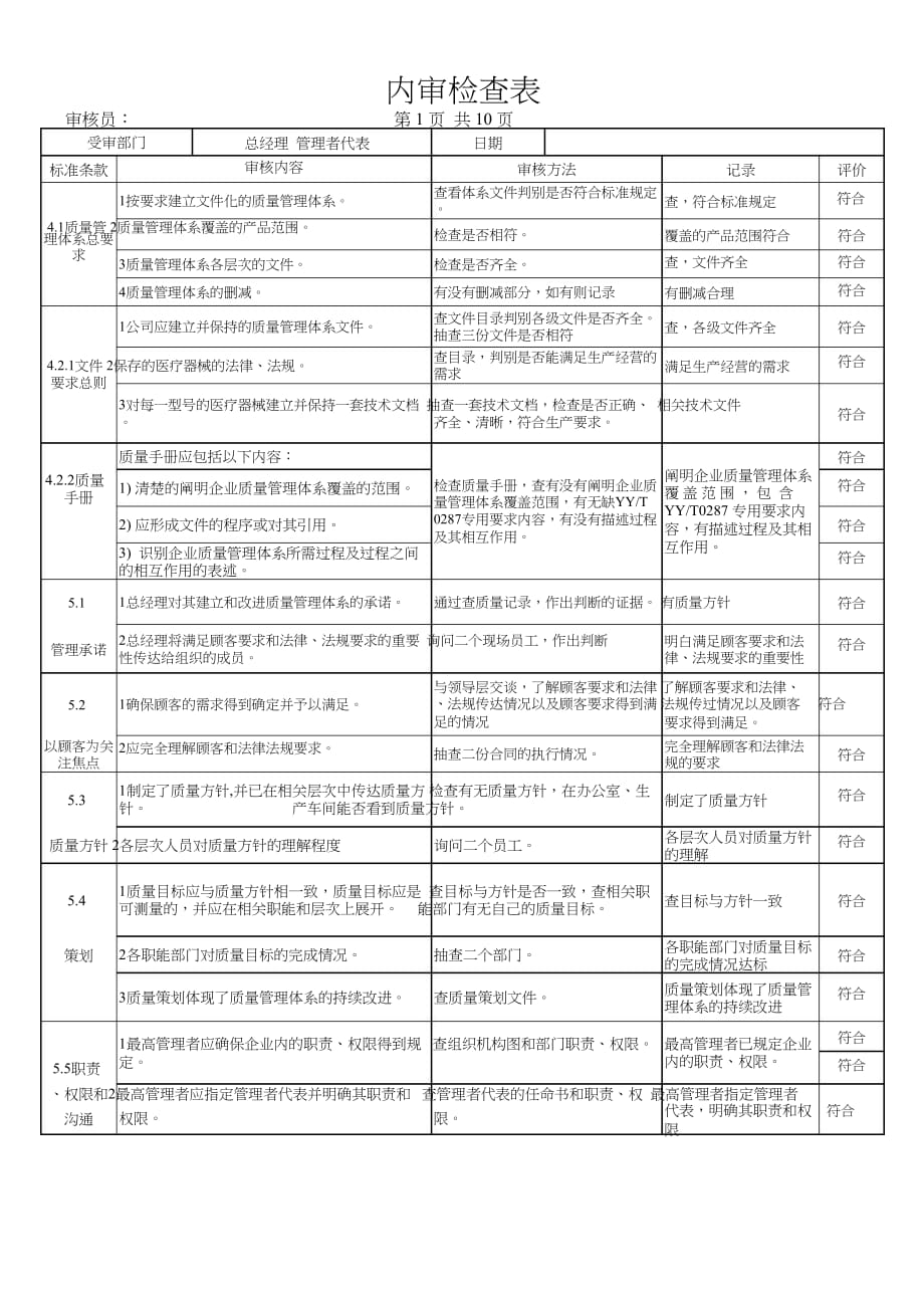 ISO13485内审检查表(完整各部门).doc_第1页