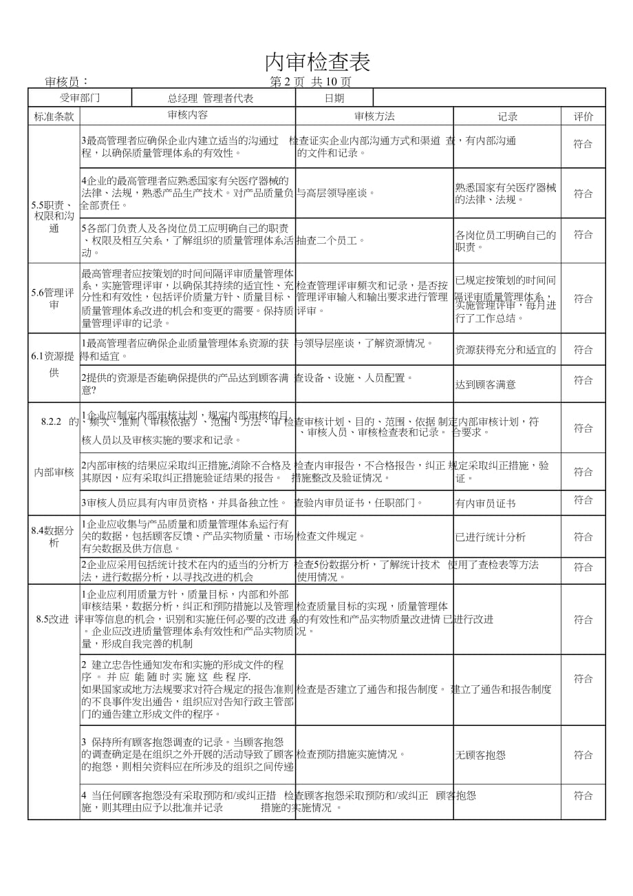 ISO13485内审检查表(完整各部门).doc_第2页