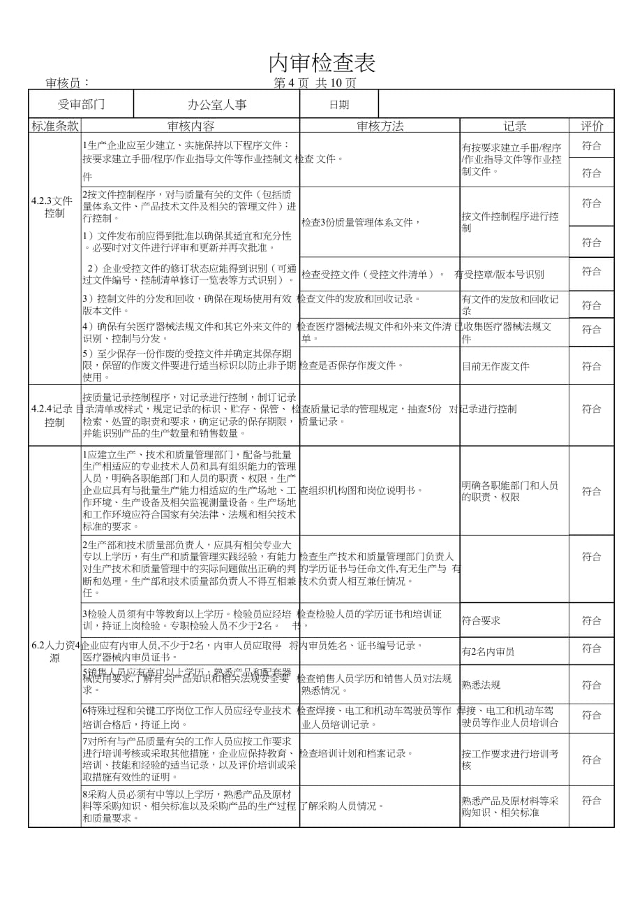 ISO13485内审检查表(完整各部门).doc_第4页