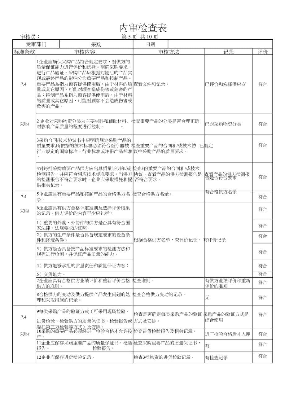 ISO13485内审检查表(完整各部门).doc_第5页