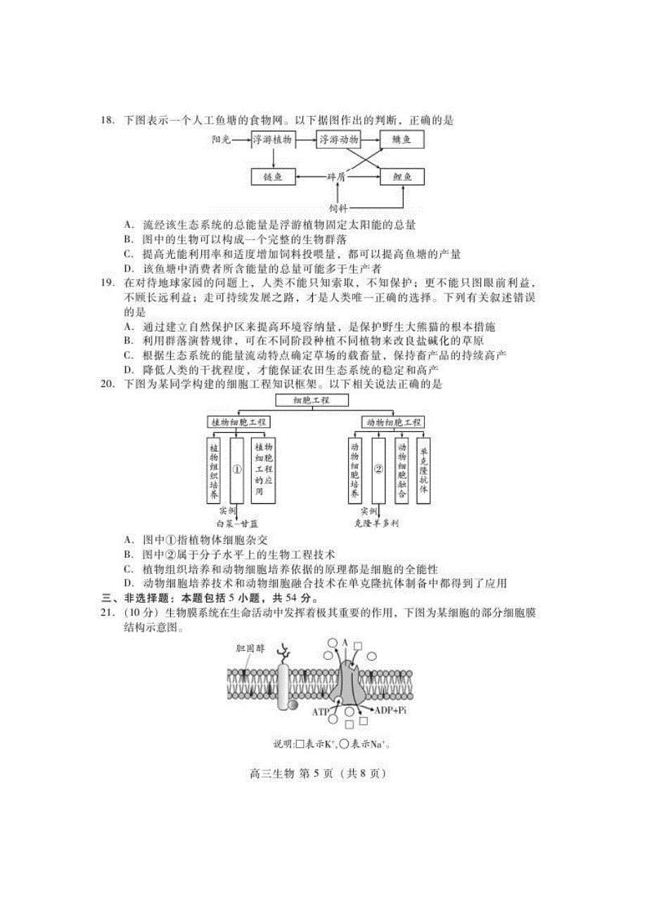 山东省潍坊市2020届高三第三次模拟 生物（含答案）_第5页