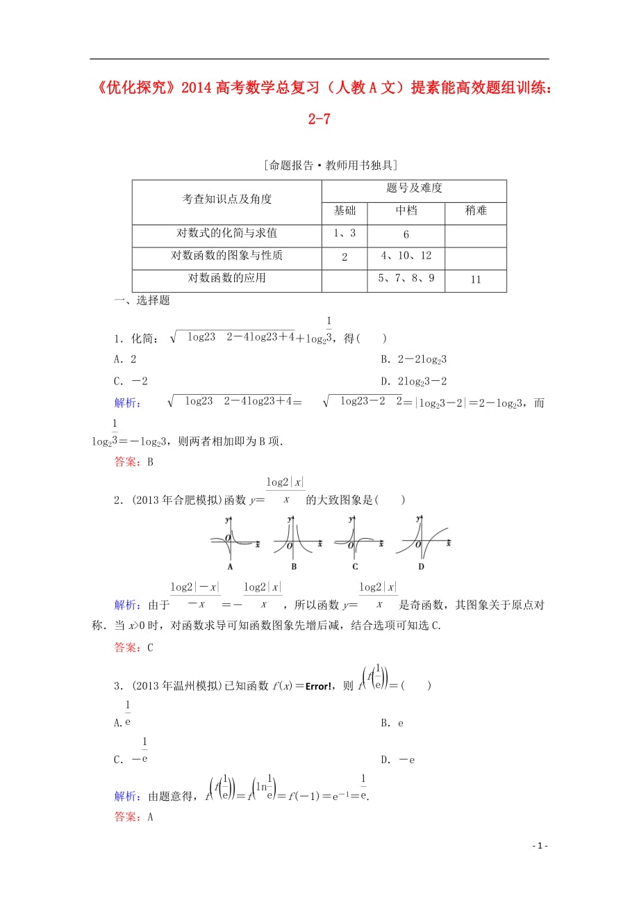 【优化探究】2014高考数学总复习 提素能高效题组训练 2-7 文 新人教A版.doc_第1页