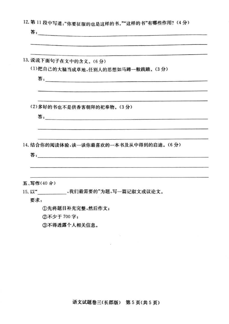 2020年湖南省普通高中学业水平合格性考试模拟试卷三 语文（长郡版）试题_第5页