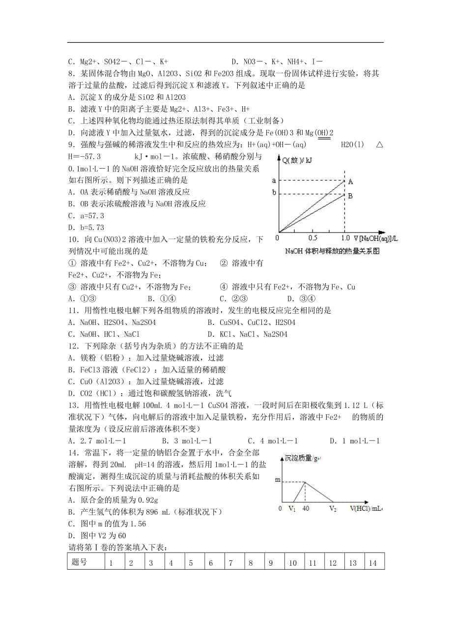 安徽省淮北市濉溪县2013届高三化学第三次月考试题新人教版.doc_第2页