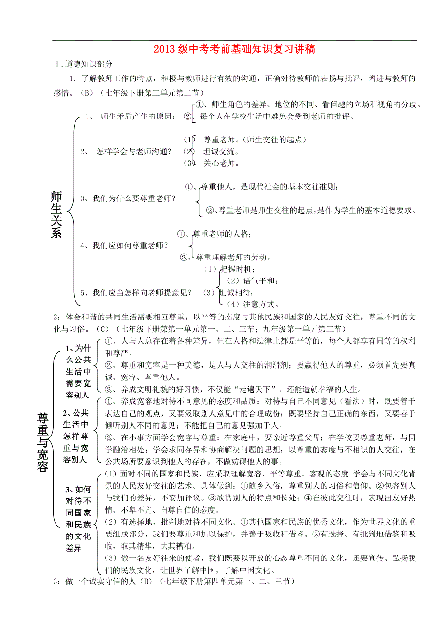 重庆市垫江九中2013级中考思想品德考前基础知识复习讲稿（道德、法律、国情国策专题）湘教版.doc_第1页