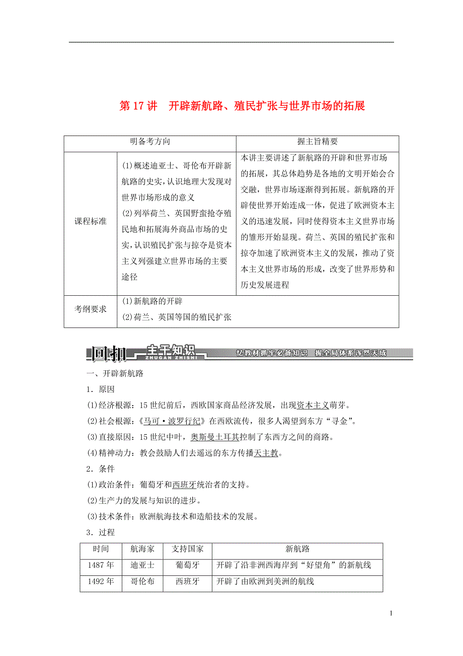 【创新】2014届高考历史一轮复习 第17讲 开辟新航路、殖民扩张与世界市场的拓展学案 新人教版.doc_第1页