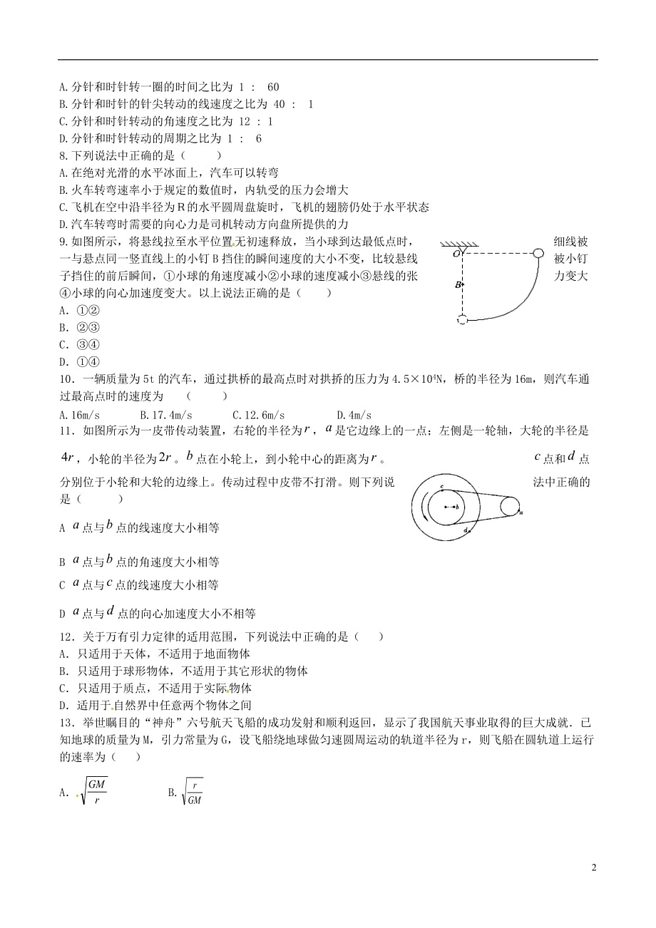 辽宁省大连经济技术开发区得胜高级中学高一物理下学期期中试题文（无答案）_第2页