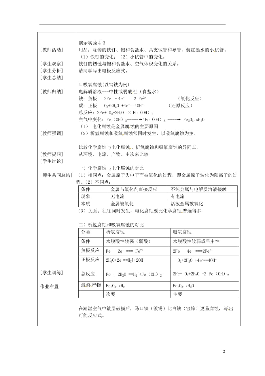 安徽省合肥市32中高中化学《金属的电化学腐蚀与防护》教案 新人教版选修4.doc_第2页