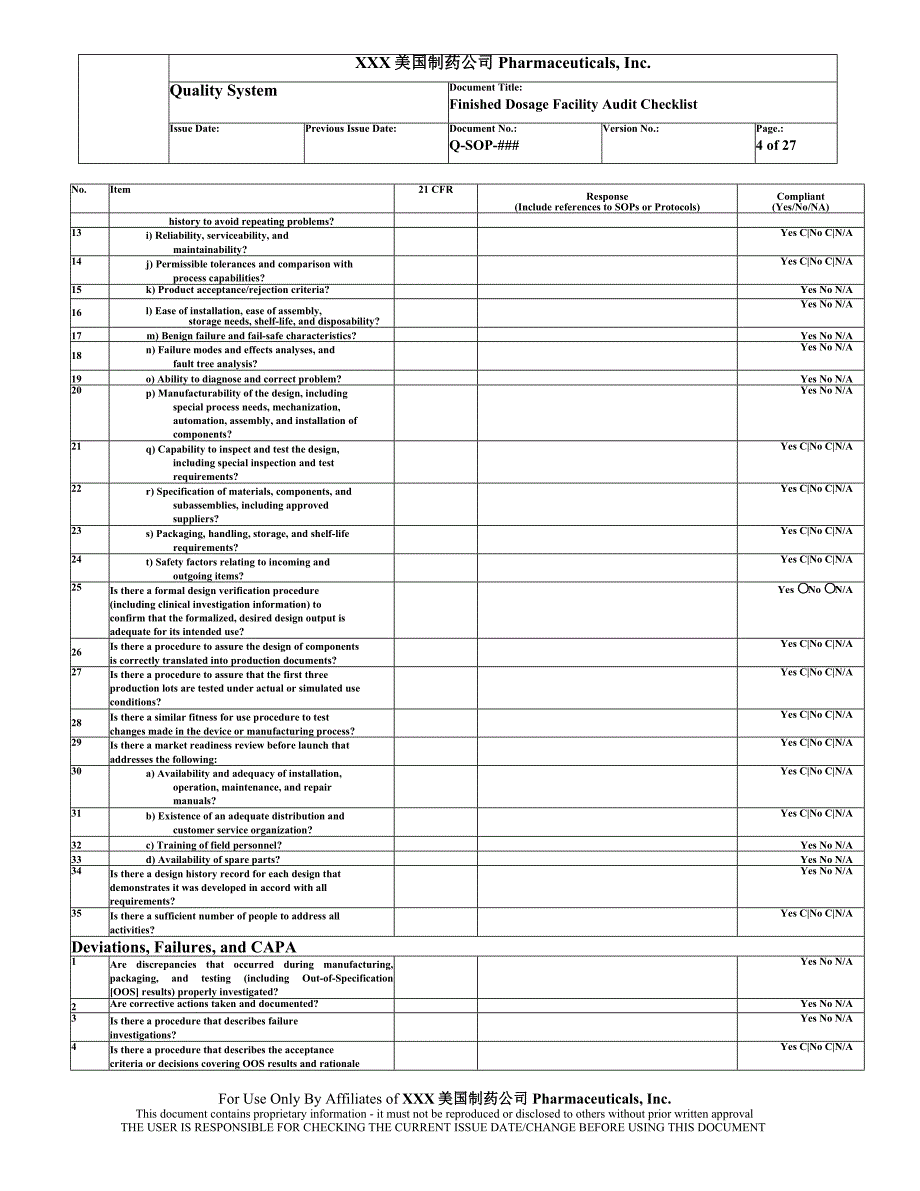 FDA对XXX美国制药公司 Pharmaceuticals检查表.doc_第4页