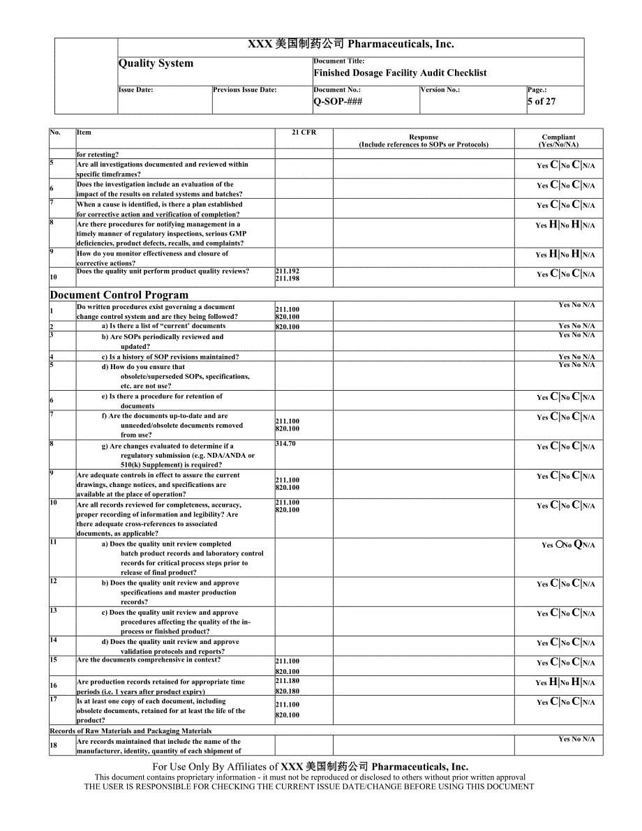 FDA对XXX美国制药公司 Pharmaceuticals检查表.doc_第5页