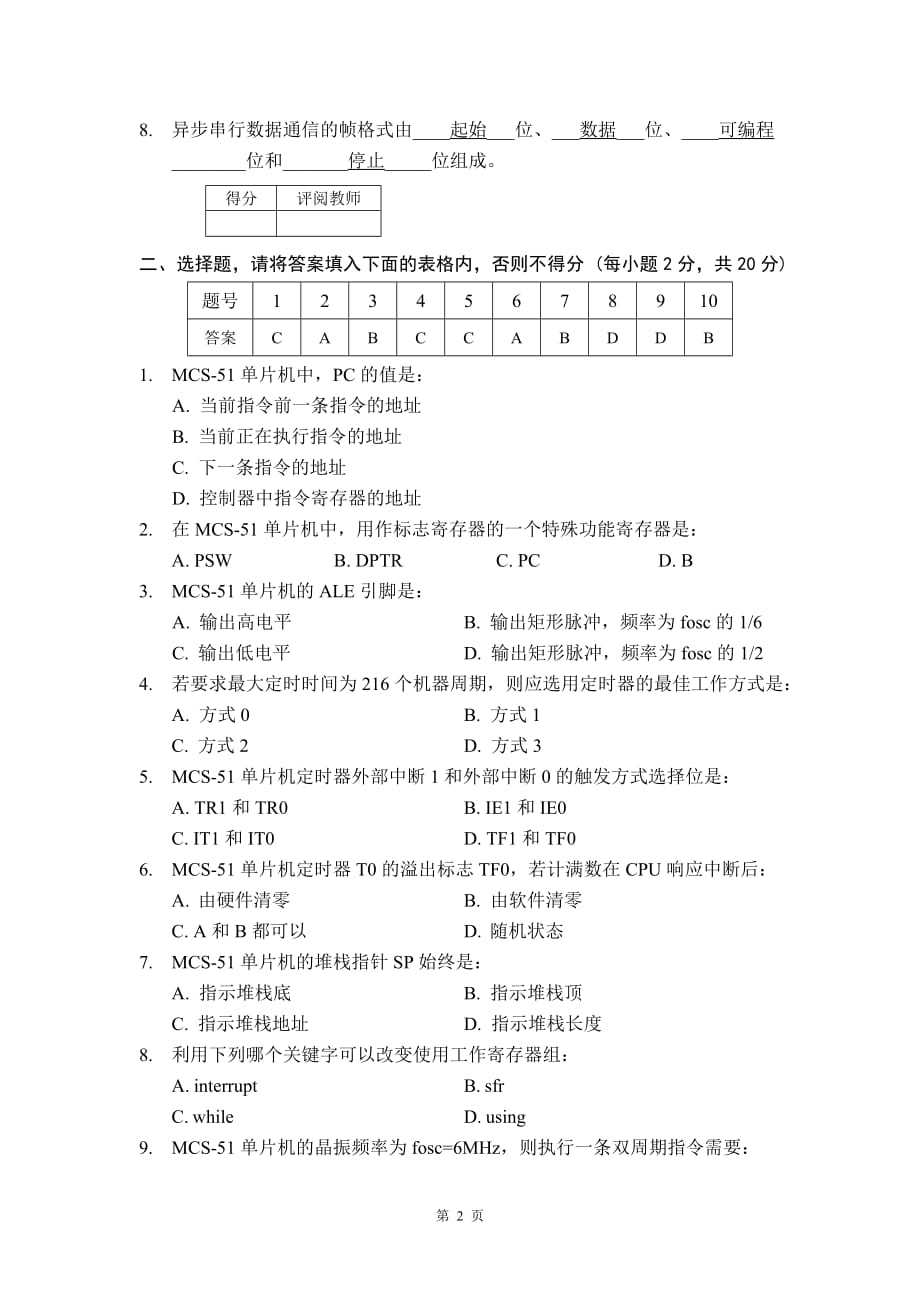 单片机原理及应用-14下-电气12卓越-考试-A答案_第2页