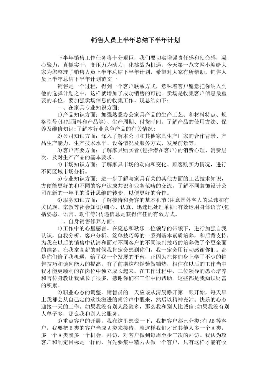 销售人员上半年总结下 半年计划_第1页