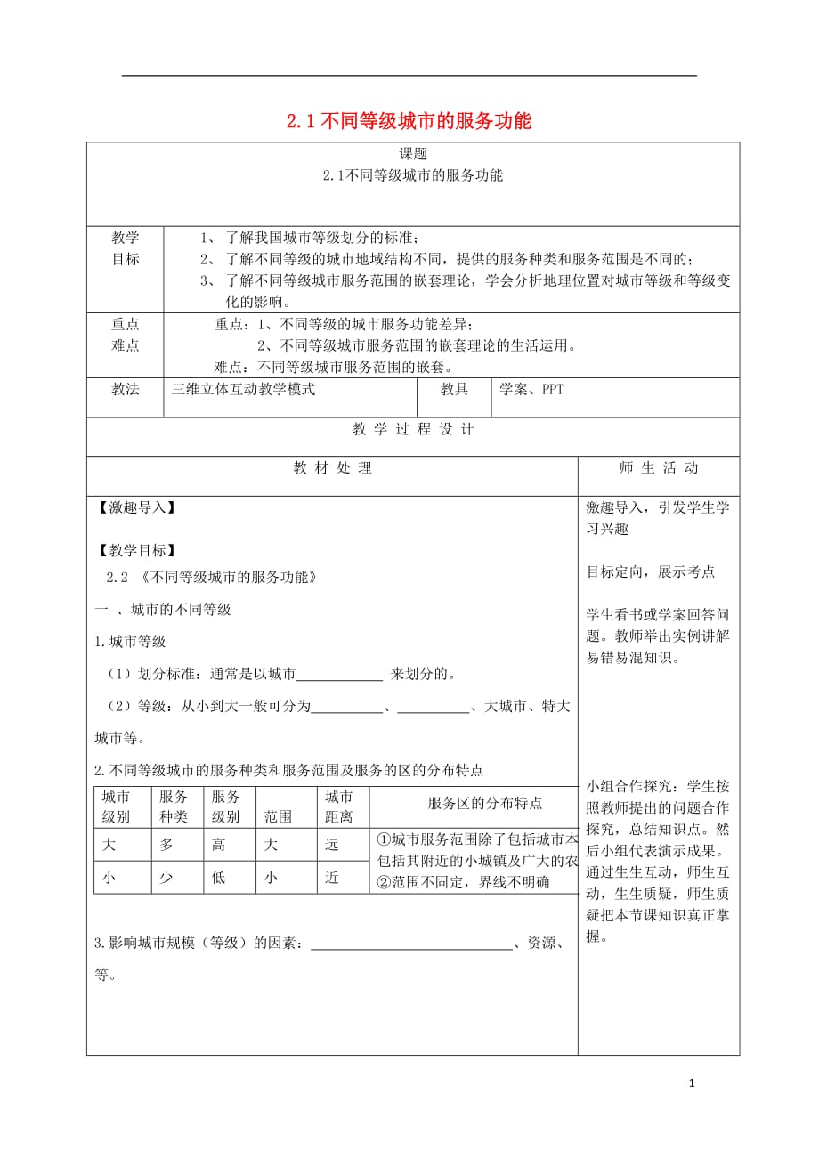 辽宁省本溪满族自治县高中地理第二章城市与城市化2.2不同等级城市的服务功能学案（无答案）新人教版必修2_第1页