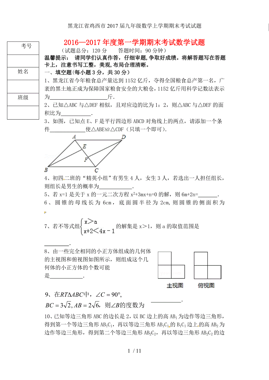 黑龙江省鸡西市九年级数学上学期期末考试试题_第1页