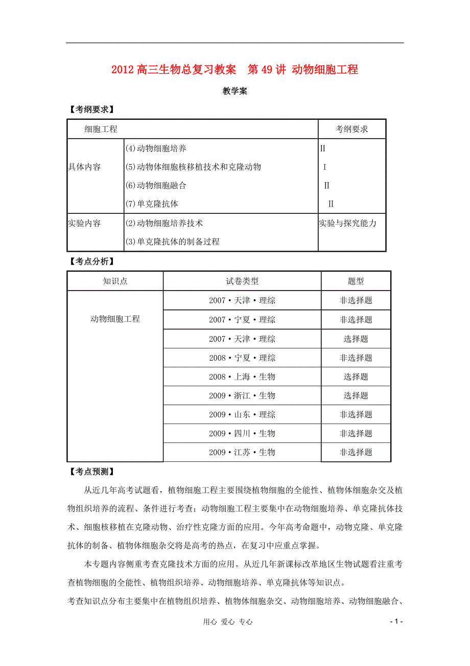 2012高三生物总复习 第49讲 动物细胞工程教案.doc_第1页