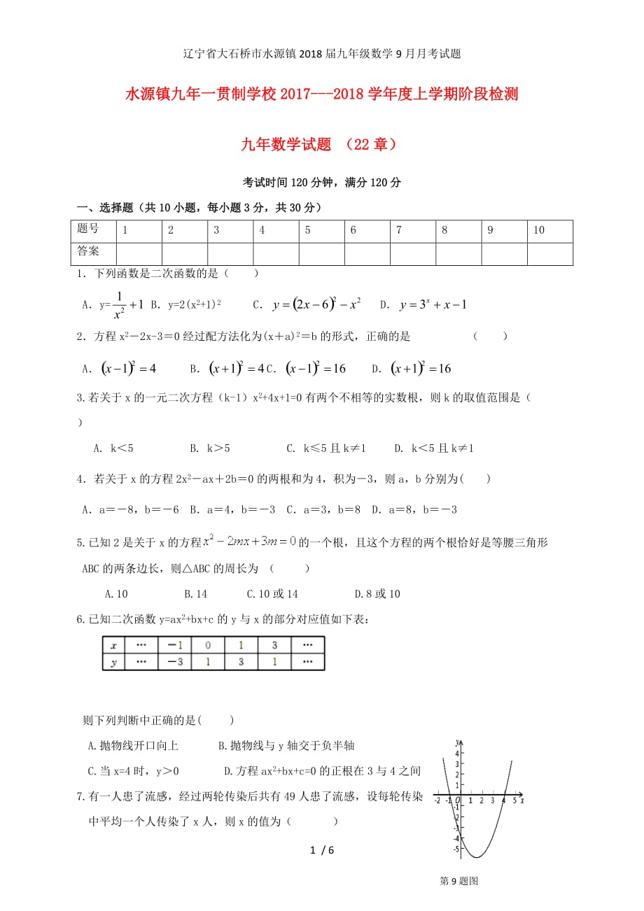 辽宁省大石桥市水源镇九年级数学9月月考试题_第1页