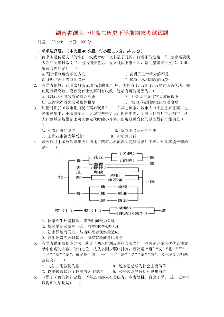 湖南省高二历史下学期期末考试试题_第1页