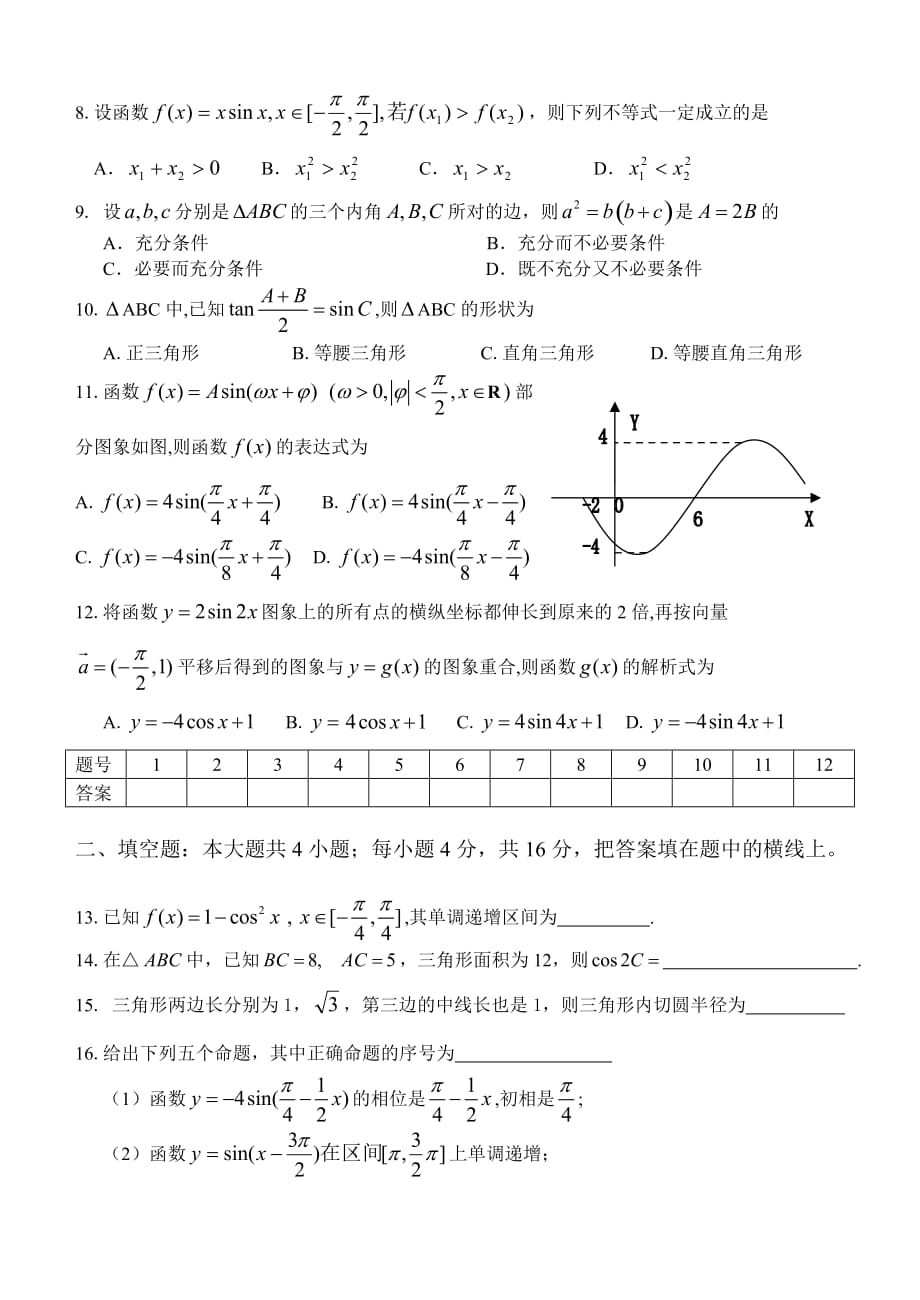 高考数学模拟试题南昌市高三第一轮复习训练题数学（8）（三角函数试题2）_第2页