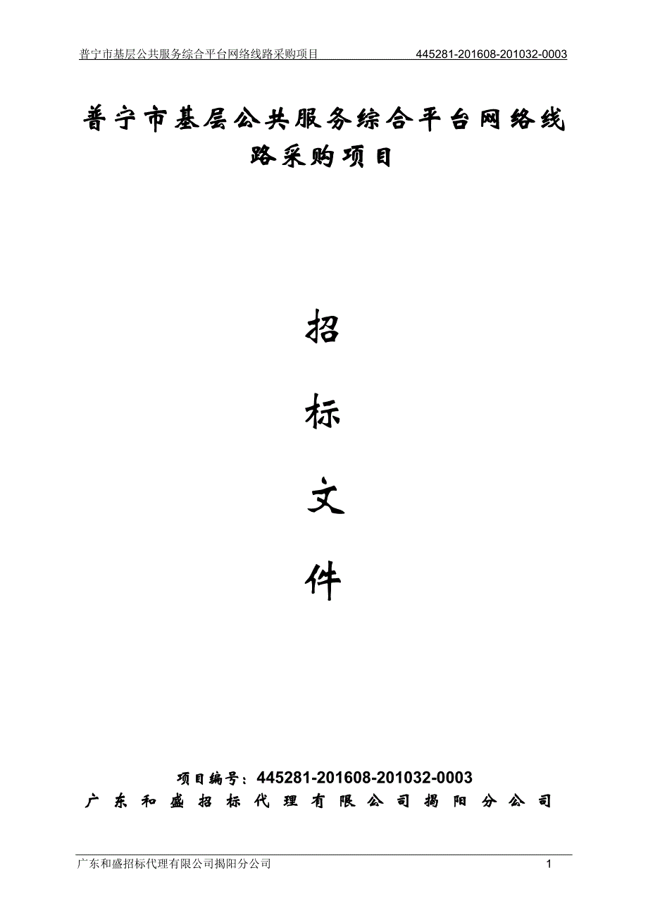 普宁市基层公共服务综合平台网络线路采购项目招标文件_第1页