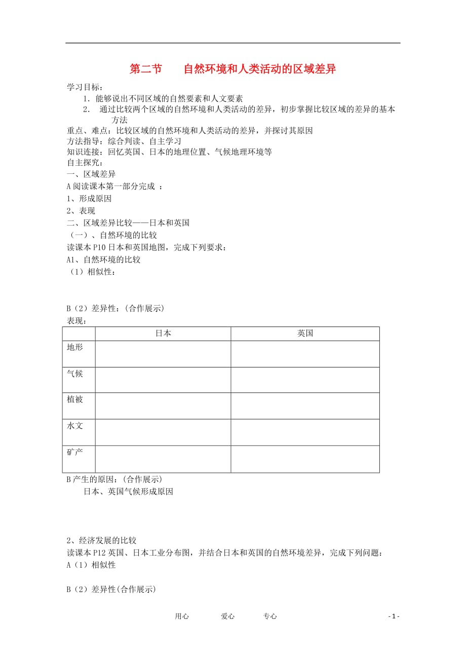 高中地理 1.2自然环境和人类活动的区域差异1导学案 鲁教版必修3.doc_第1页