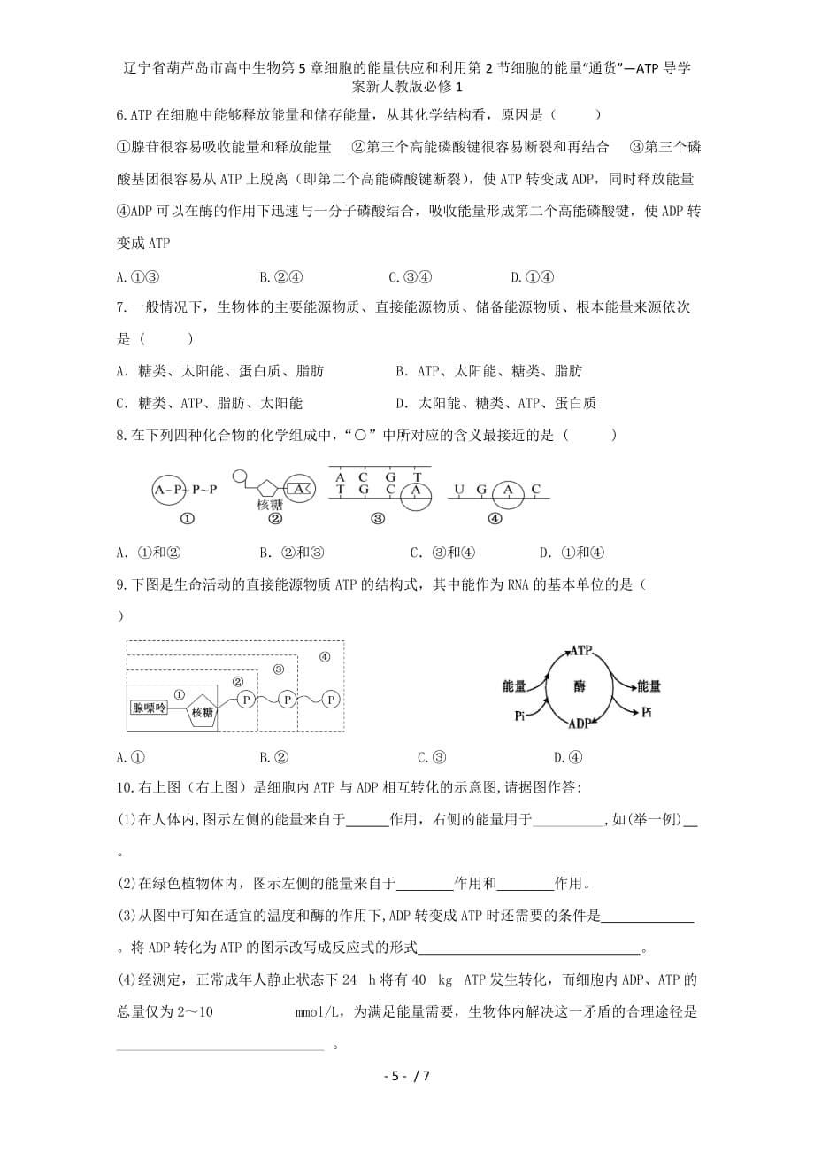 辽宁省葫芦岛市高中生物第5章细胞的能量供应和利用第2节细胞的能量“通货”—ATP导学案新人教版必修1_第5页