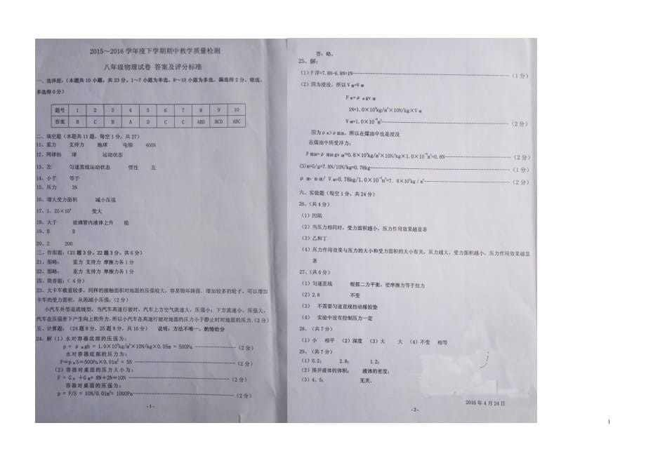 辽宁省抚顺市新宾满族自治县八年级物理下学期期末考试试题（扫描版）新人教版_第5页