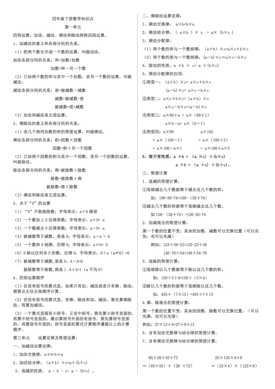 2020新人教版四年级下册数学知识点总结[打印版].doc_第1页