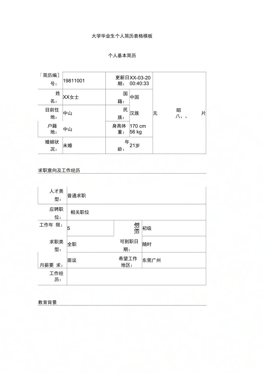 202X年大学毕业生个人简历表格模板_第1页