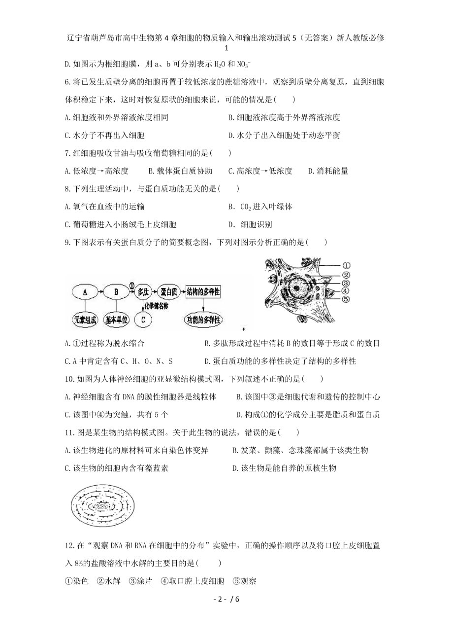 辽宁省葫芦岛市高中生物第4章细胞的物质输入和输出滚动测试5（无答案）新人教版必修1_第2页