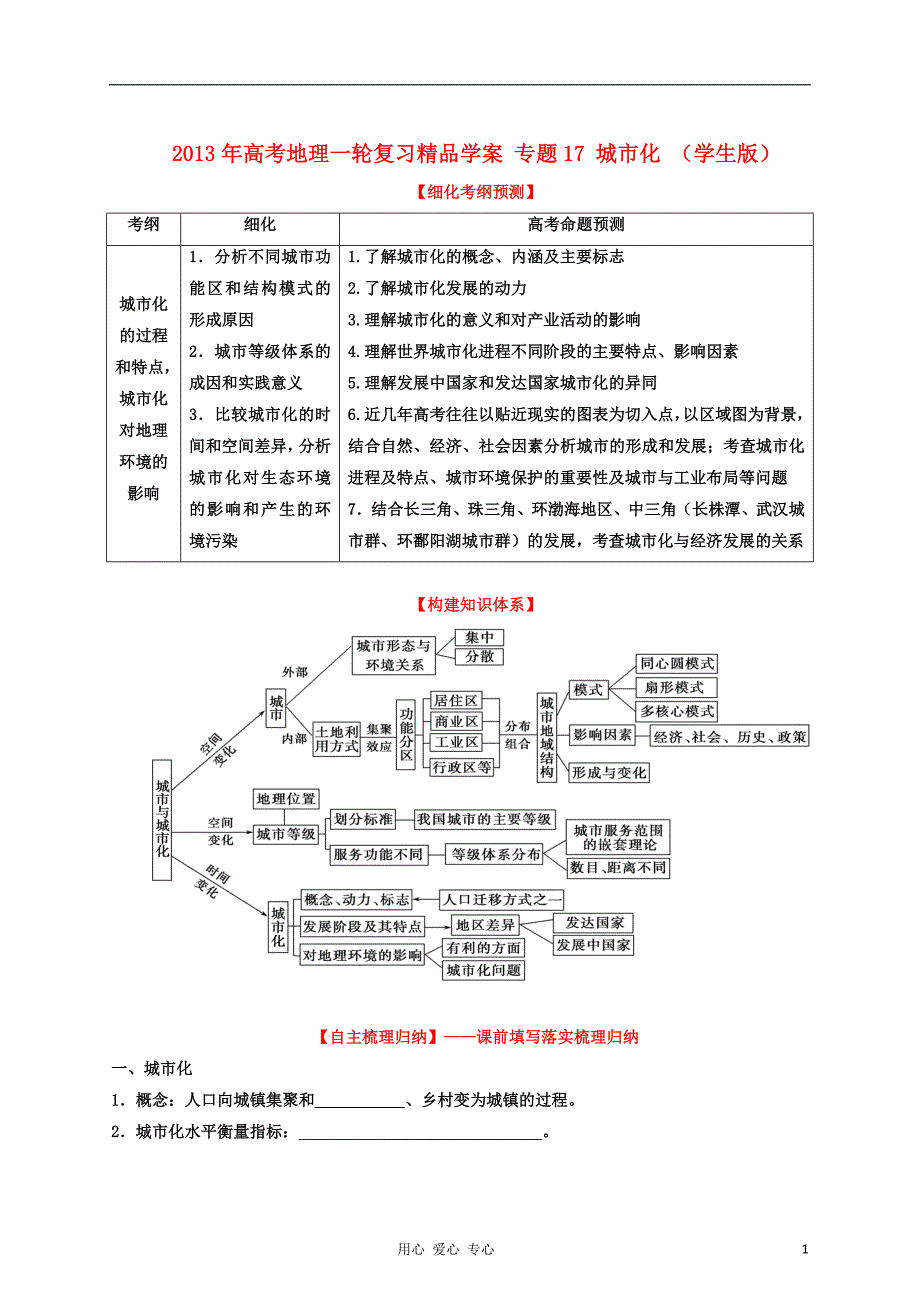 2013年高考地理一轮复习精品学案 专题17 城市化 （学生版）.doc_第1页