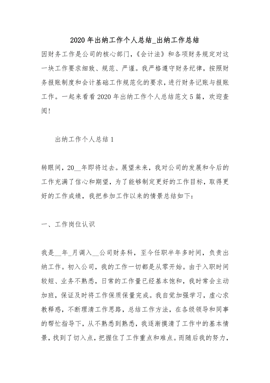 2020年出纳工作个人总结_出纳工作总结_第1页