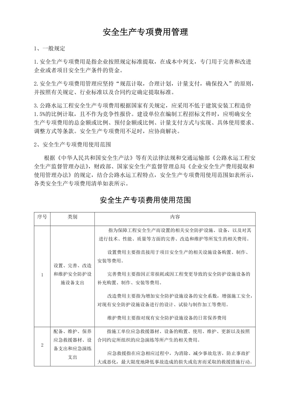 安全生产专项费用使用范围及清单.doc_第1页