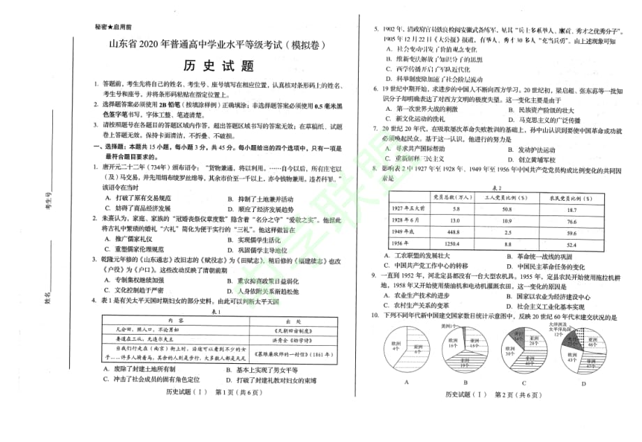 山东省2020届新高考模拟统考-历史试卷_第1页