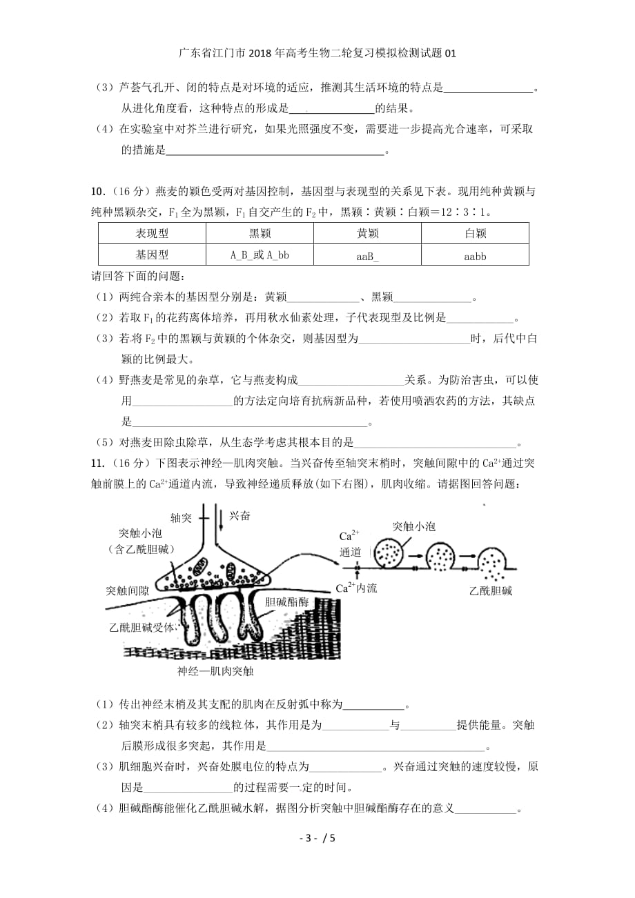 广东省江门市高考生物二轮复习模拟检测试题01_第3页