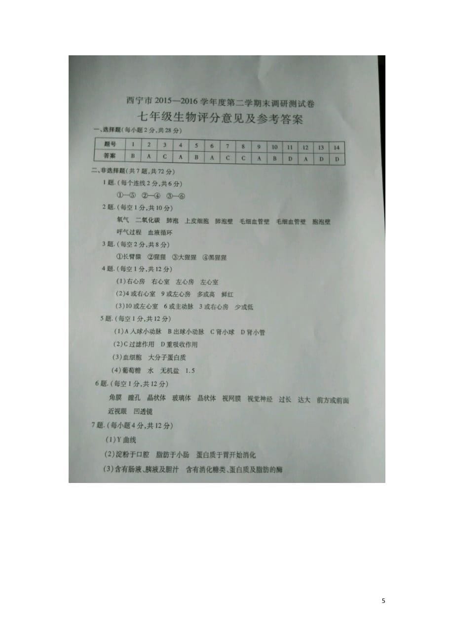 青海省省西宁市七年级生物下学期期末考试试题（扫描版）新人教版_第5页