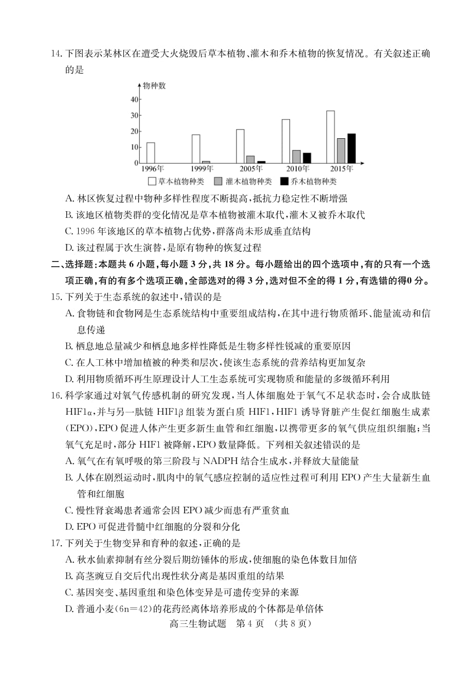 山东省济南市2020届高三年级学习质量评估考试 生物（PDF版）_第4页