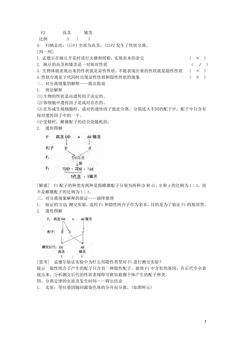 重庆市万州分水中学高考生物 第1章《遗传因子的发现》考点复习一 基因分离定律的相关概念、研究方法及实质 新人教版必修2.doc_第2页