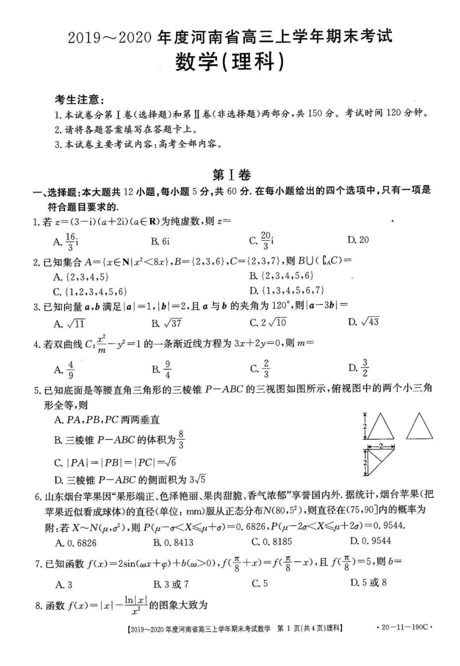 河南省2020届高三上学期期末考试 理科数学（扫描版）_第1页