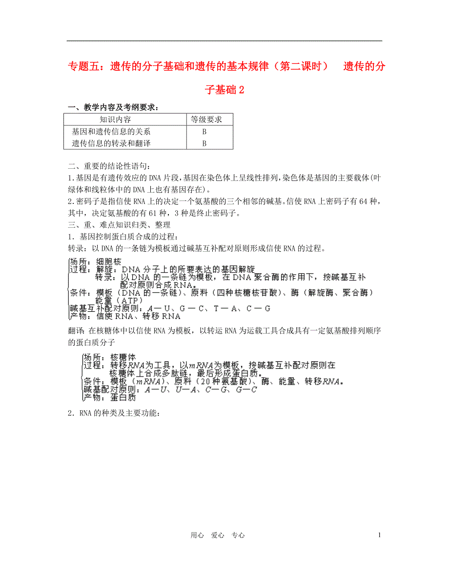 高三生物 专题五 遗传的分子基础和遗传的基本规律（第二课时）教案.doc_第1页