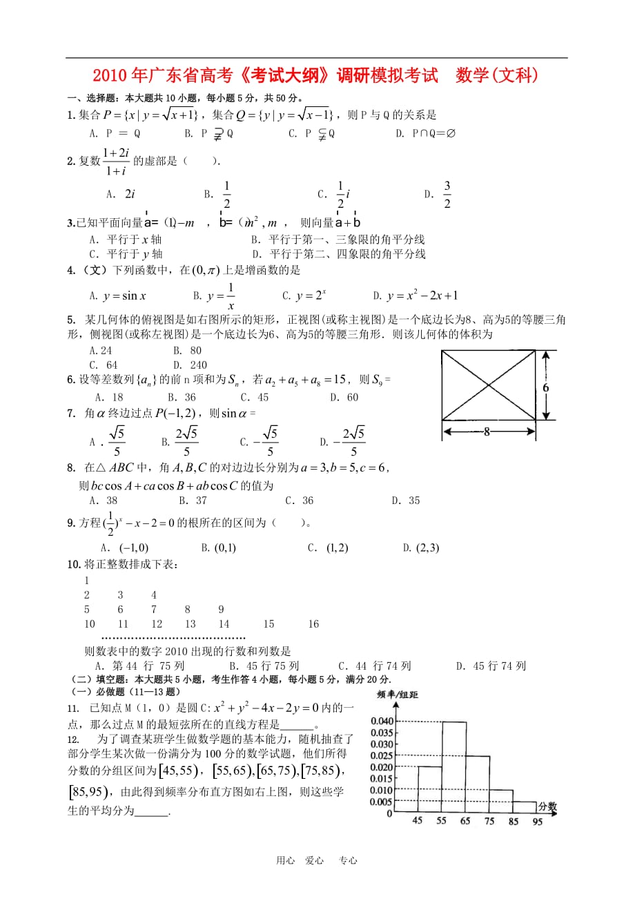 2010年广东省高考《考试大纲》高三数学调研模拟考试（文）新人教版.doc_第1页