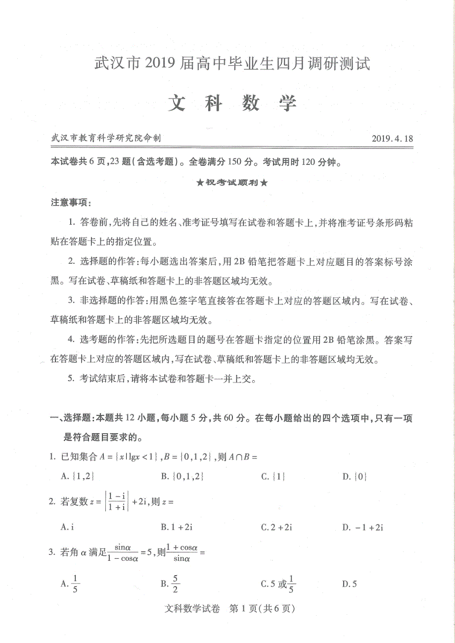 湖北省武汉市2019届高三四月调研测试 数学（文）试卷（PDF版）_第1页