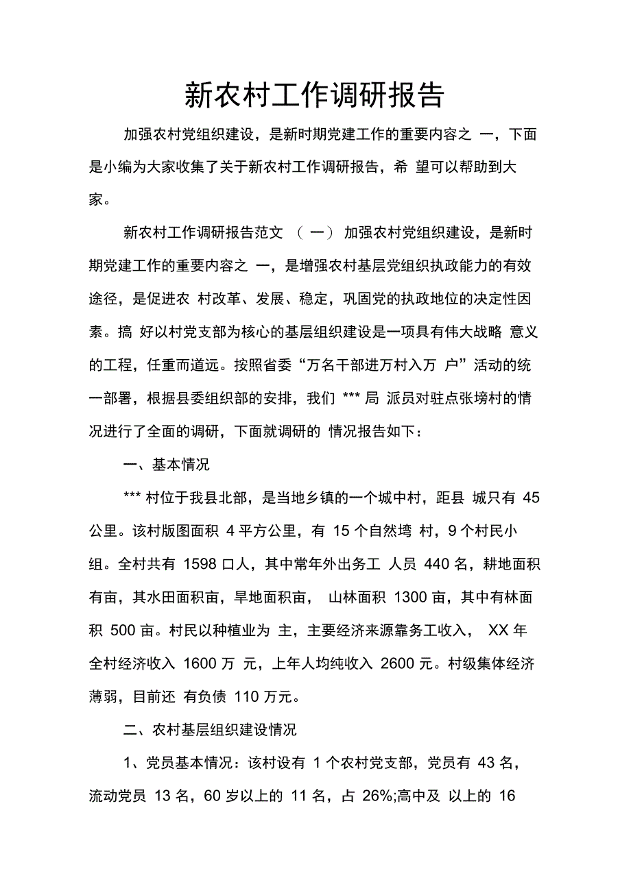 202X年新农村工作调研报告_第1页