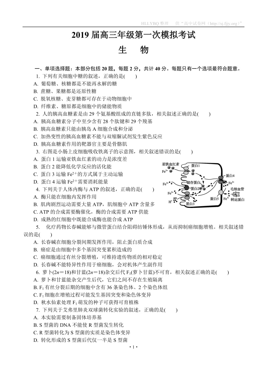 江苏省南通市2019届高三第一次模拟考试 生物_第1页