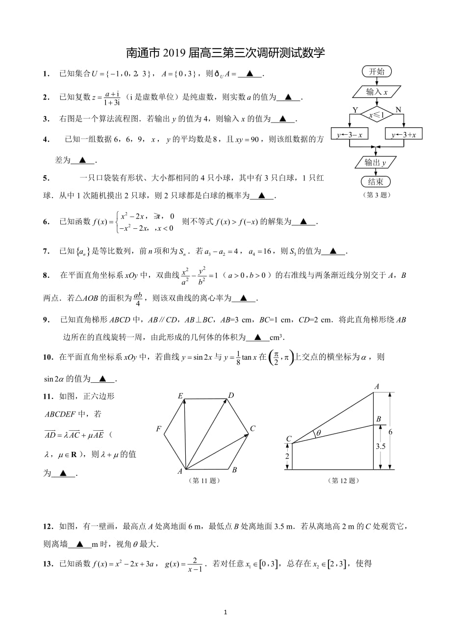 南通市2019届高三第三次调研测试数学_第1页