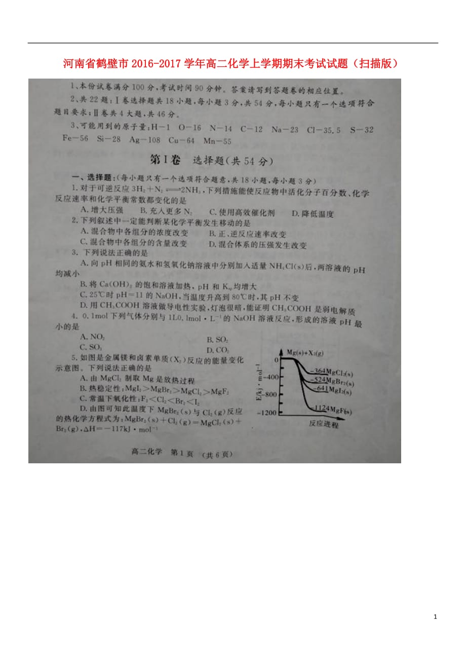 河南省鹤壁市高二化学上学期期末考试试题（扫描版）_第1页